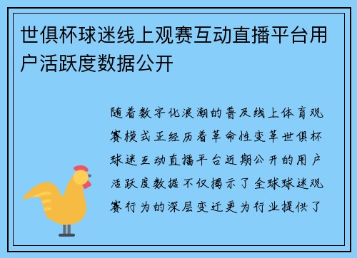 世俱杯球迷线上观赛互动直播平台用户活跃度数据公开